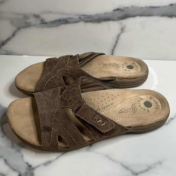 Earth Origins | Brown Leather Hook & Loop Comfort Slides Shelby Sandals Sz 9 - Picture 3 of 4